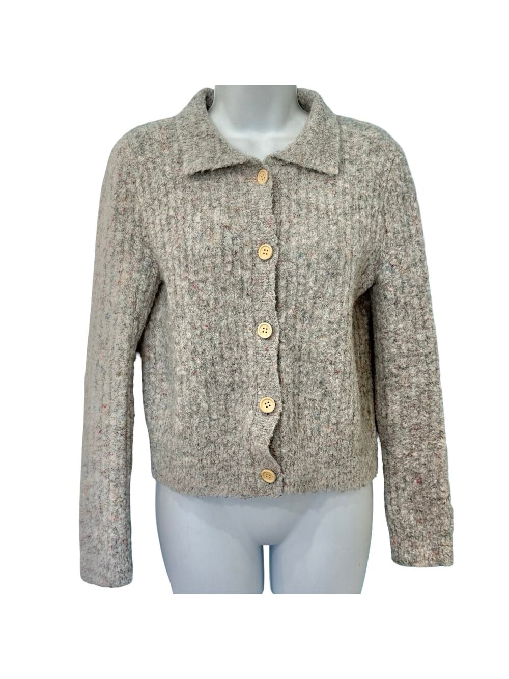 Find Me Now Speckled Knit Button Cardigan Grey Rainbow Collared Sweater Size S
